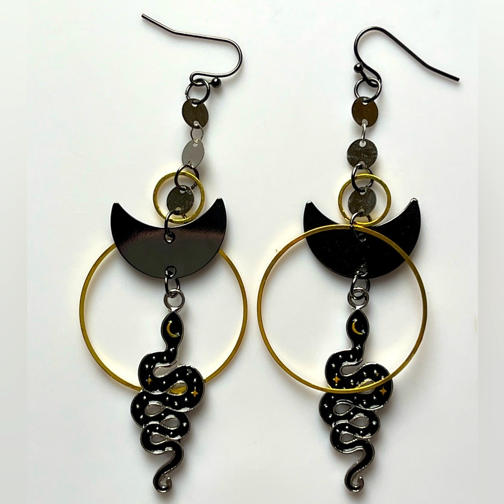 Rising Moon child Snake Charmer Dangle earrings Gold Silver Gunmetal